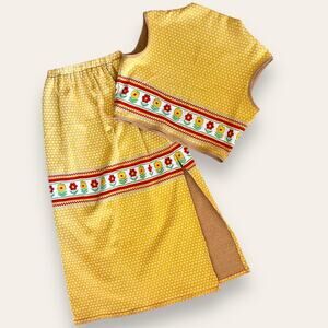 Yellow Upcycled 1970 tablecloth into autumn skirt set size Large